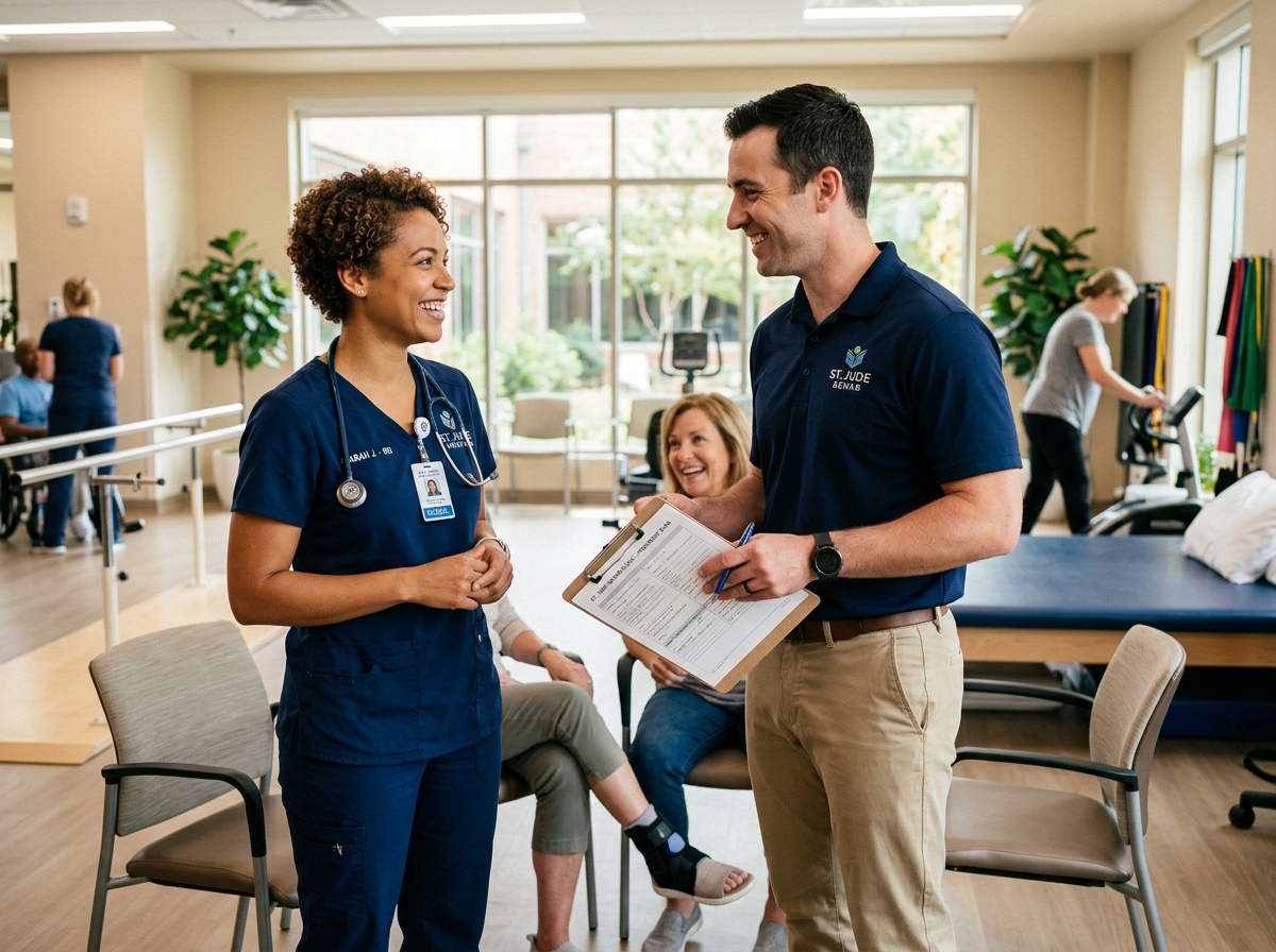 Registered nurse and physical therapist collaborating in a modern hospital physical therapy clinic