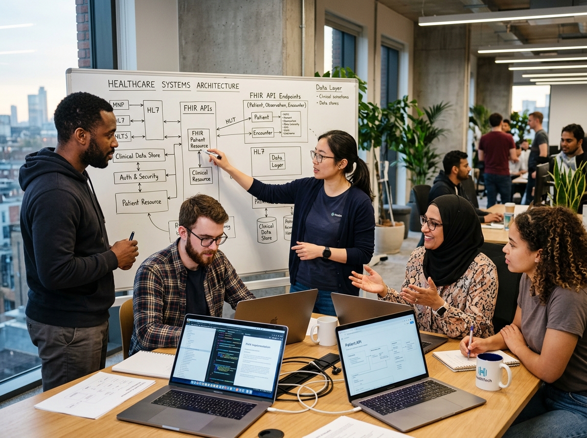 Diverse team of healthcare software engineers collaborating on FHIR API architecture on an office whiteboard