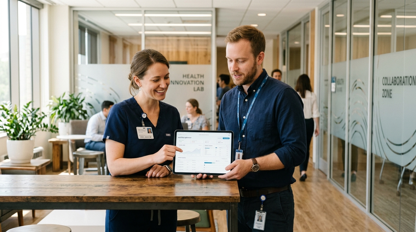 Physician and healthtech software engineer collaborating over clinical workflow software on a tablet in a modern health innovation center