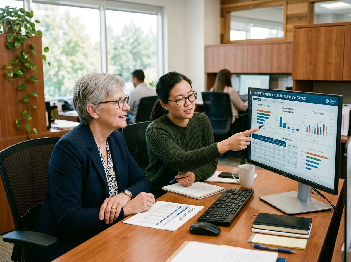 Healthcare operations director and data analyst reviewing prior authorization analytics and claims processing dashboard