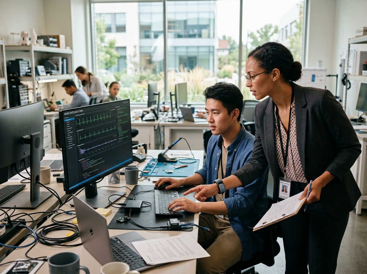 MedTech software engineers analyzing diagnostic medical device signals and biometric sensor data